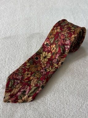 Vintage Christian Dior Monsieur 100% Silk Red Gold Floral Men's Tie - READ
